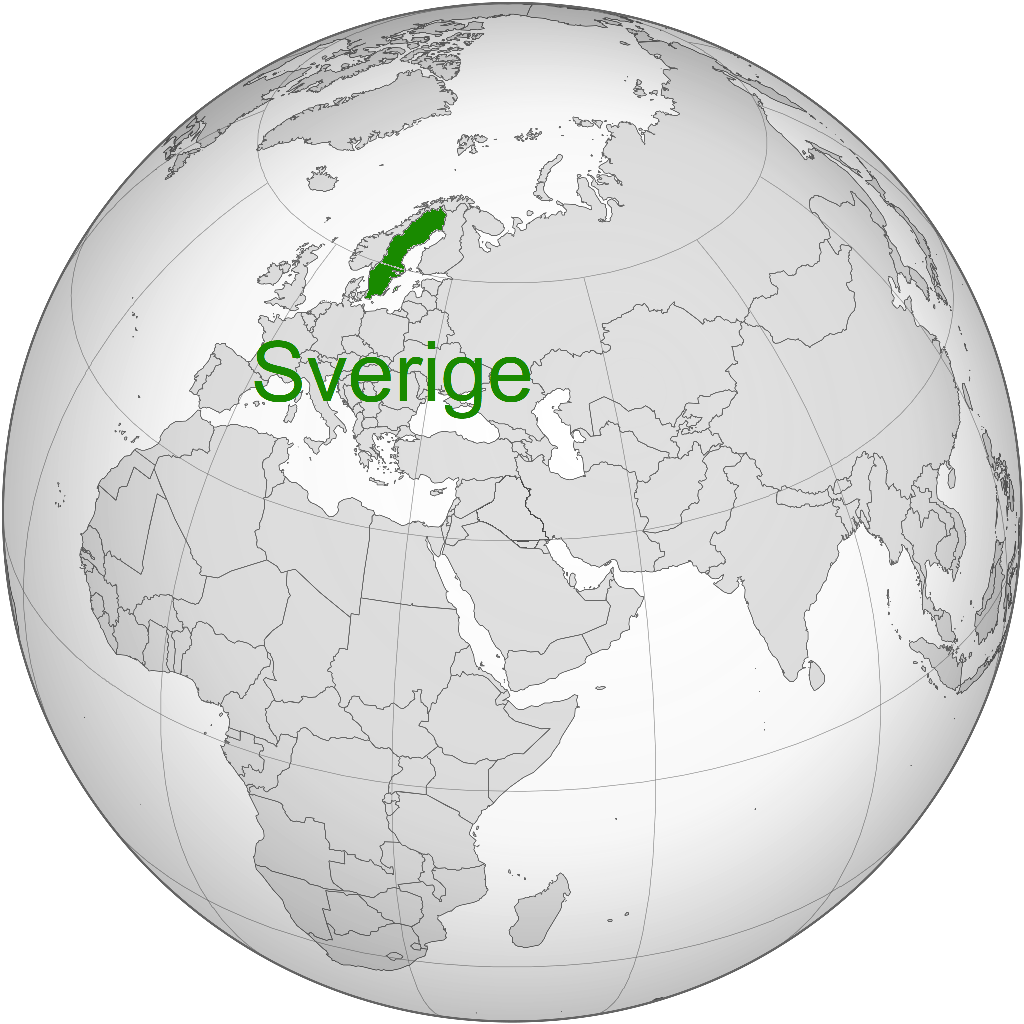 En världskarta som visar Sverige med landsnamnet